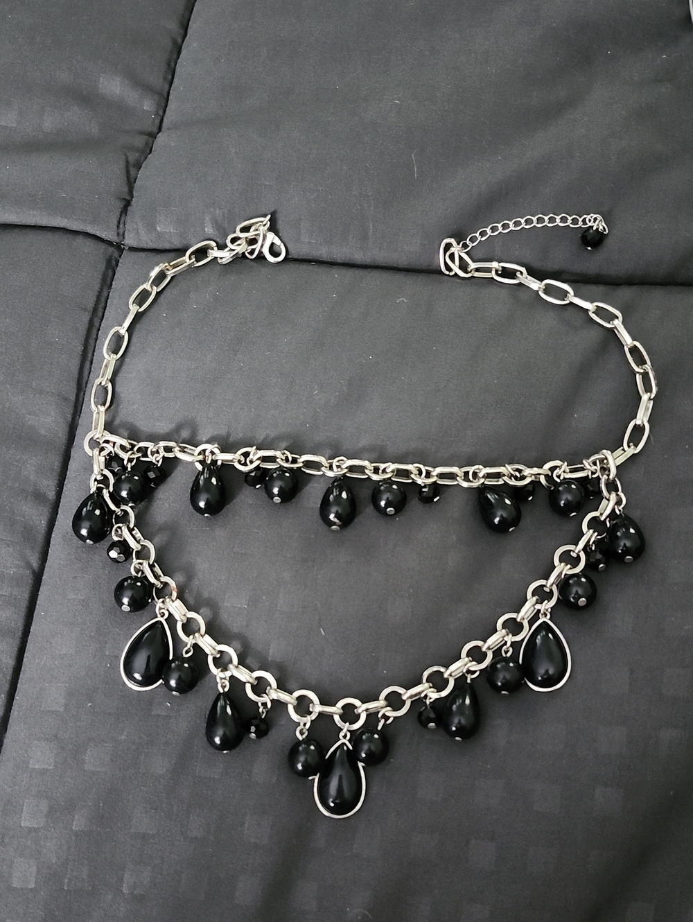 Silver Chain Necklace with Black Teardrop Beads